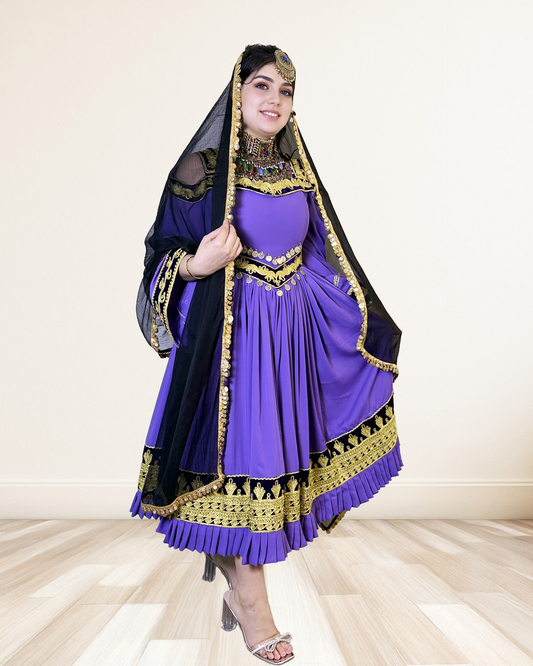 Royal Purple Afghan Dress with Pleated Skirt & Embroidered Shawl Sadat Boutique