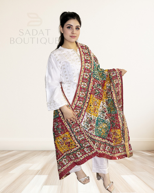 Classic White Panjabi Suit – Embroidered Elegance with Multicolor Patchwork Dupatta Sadat Boutique