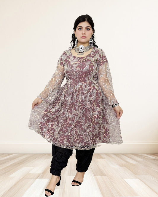 Plum Mauve Sequin Embroidered Anarkali Dress Sadat Boutique