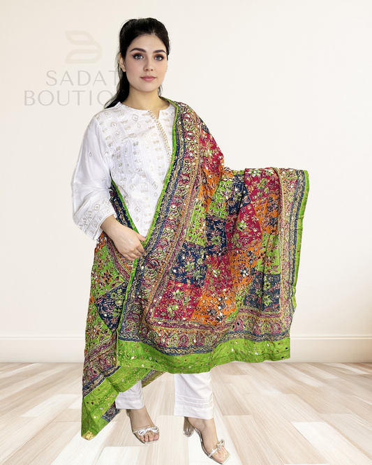 Classic White Panjabi Suit – Embroidered Elegance with Multicolor Patchwork Dupatta Sadat Boutique