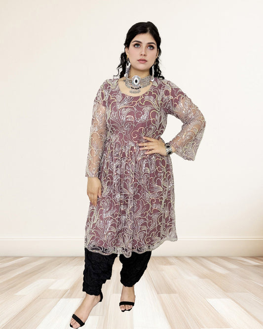 Plum Mauve Sequin Embroidered Anarkali Dress Sadat Boutique