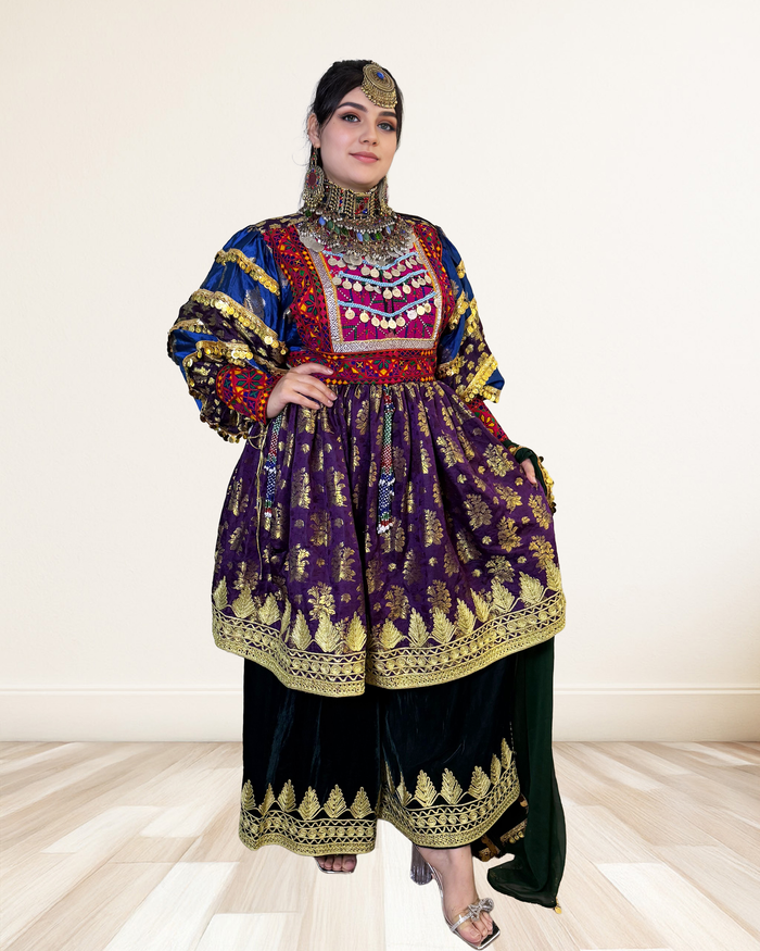 Embroidered Velvet Afghan Dress with Green Dupatt