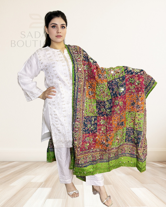 Classic White Panjabi Suit – Embroidered Elegance with Multicolor Patchwork Dupatta Sadat Boutique