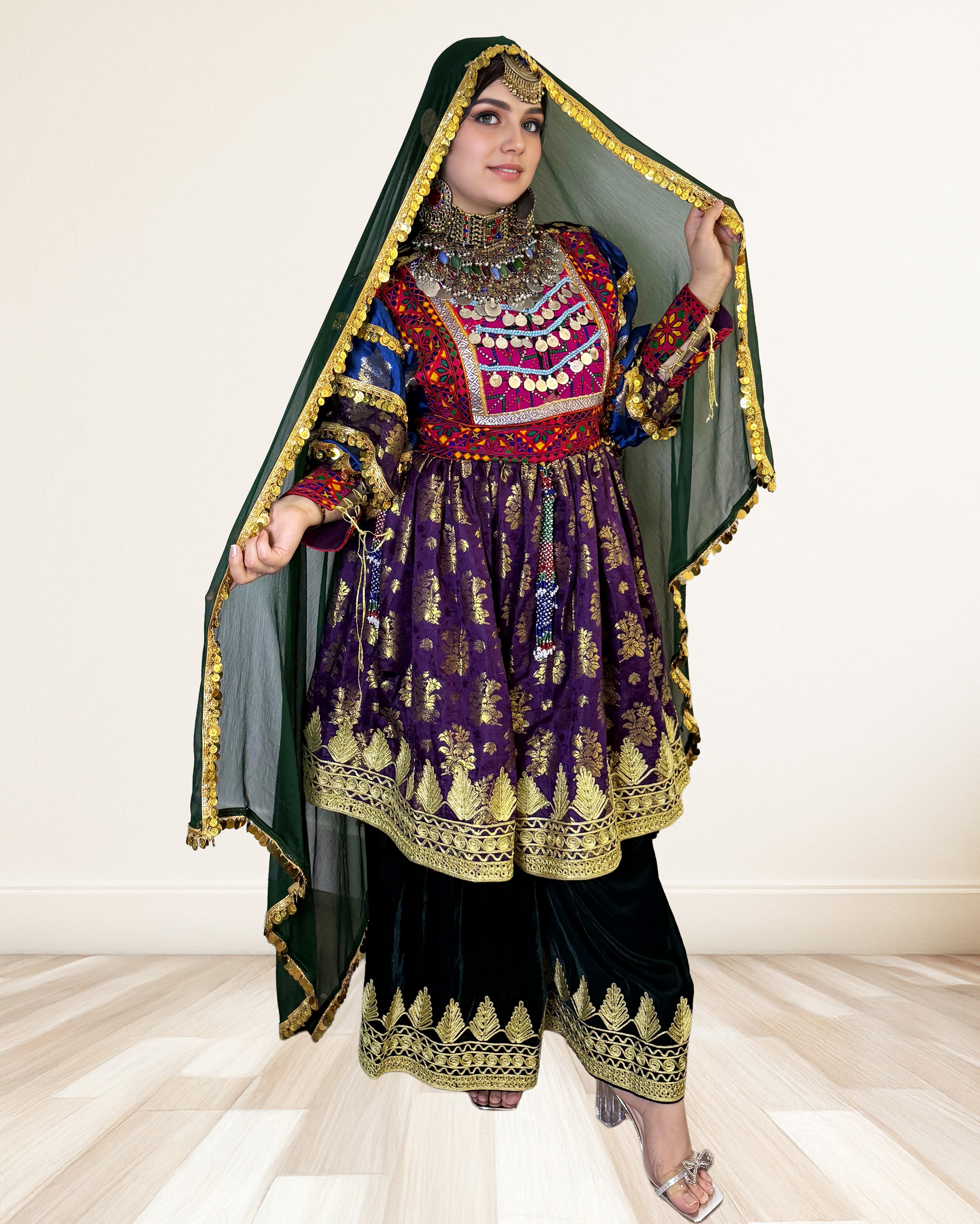 Embroidered Velvet Afghan Dress with Green Dupatt Embroidered Velvet Afghan Dress with Green Dupatt