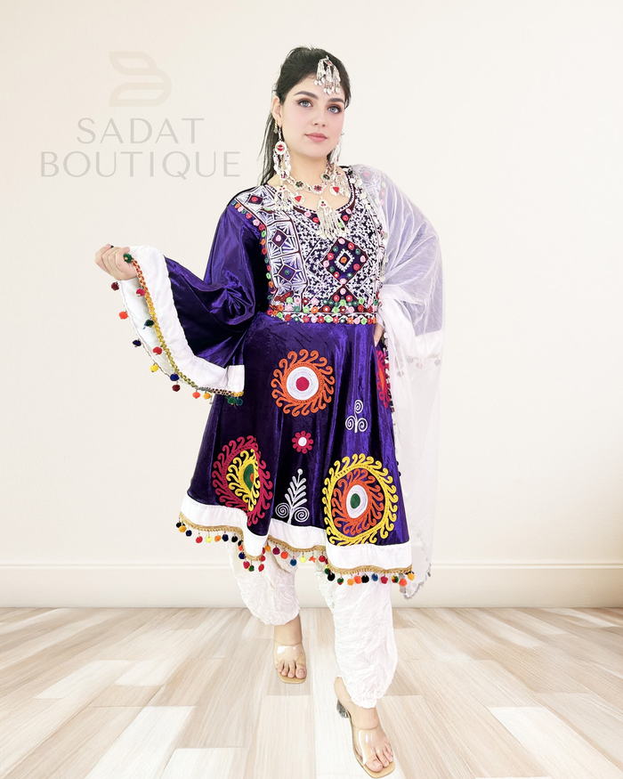 Title: Purple Short Afghan Dress with Embroidery & Coin Scar