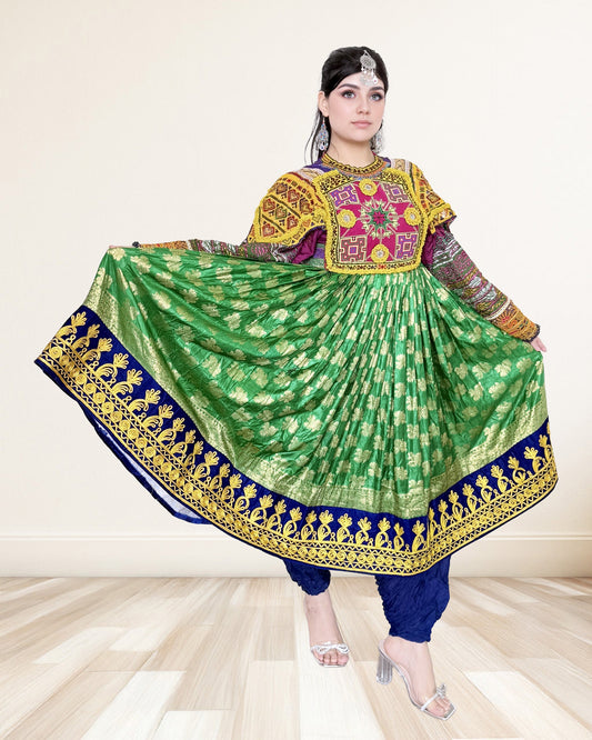 Green Brocade Traditional Afghan Dress Sadat Boutique