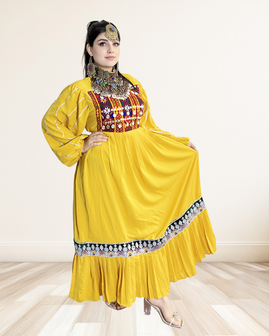 Yellow Afghan Dress with Embroidered Bodice and Pleated Hem Sadat Boutique