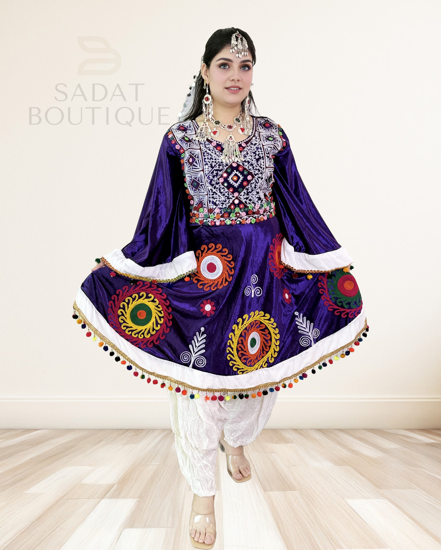 Title: Purple Short Afghan Dress with Embroidery & Coin Scar Sadat Boutique