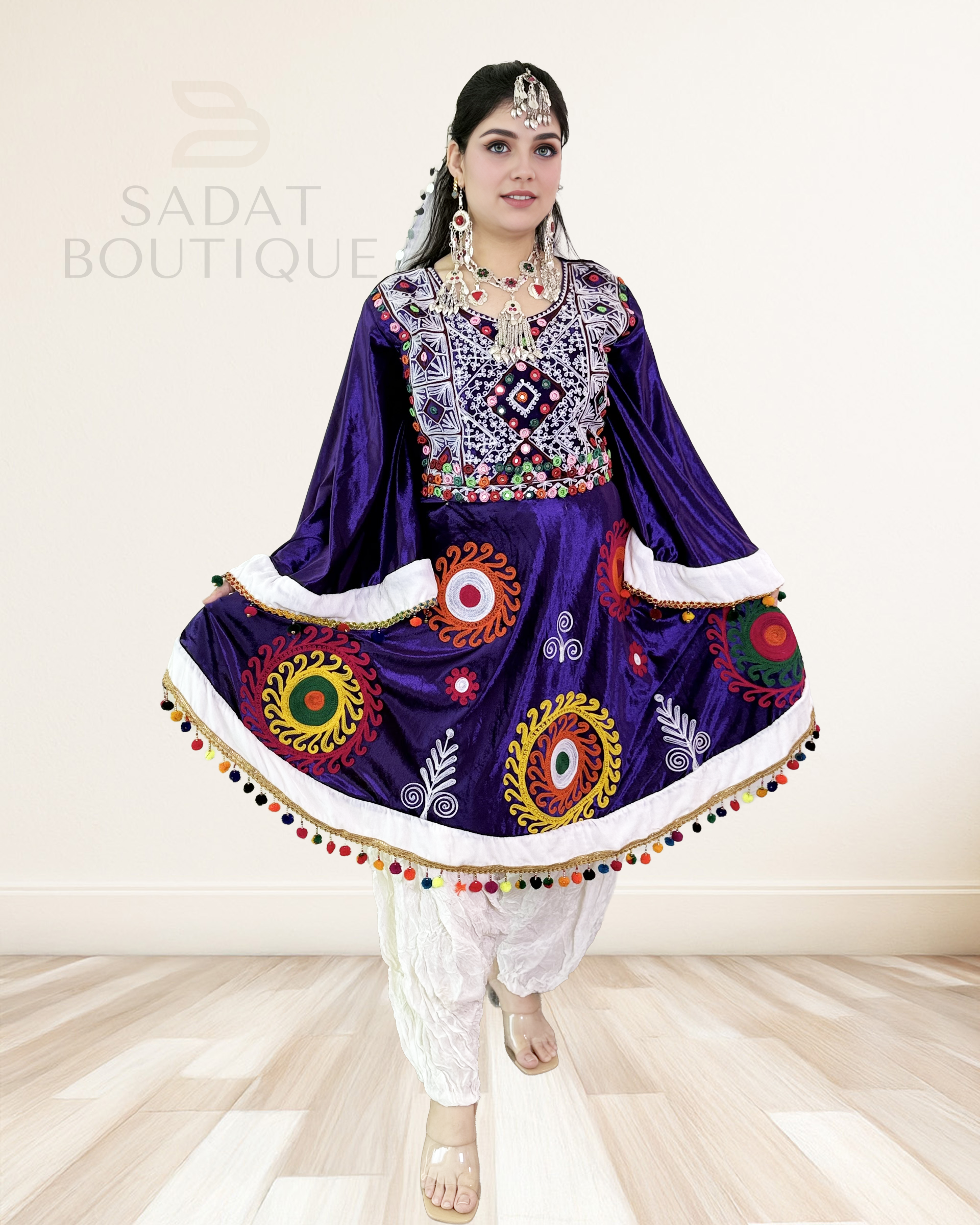 Title: Purple Short Afghan Dress with Embroidery & Coin Scar Sadat Boutique