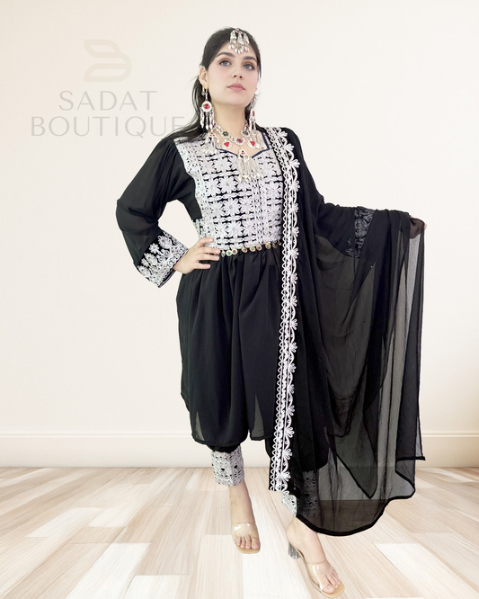 Title: Black & White Embroidered Afghan Set with Coin Belt Sadat Boutique