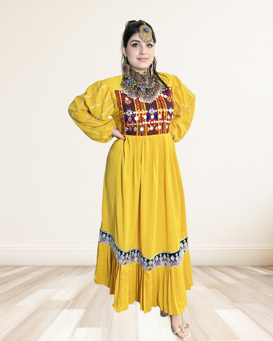Yellow Afghan Dress with Embroidered Bodice and Pleated Hem Sadat Boutique