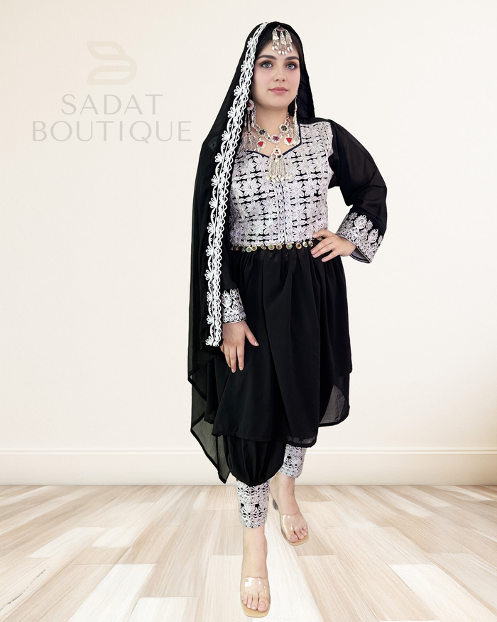 Title: Black & White Embroidered Afghan Set with Coin Belt
