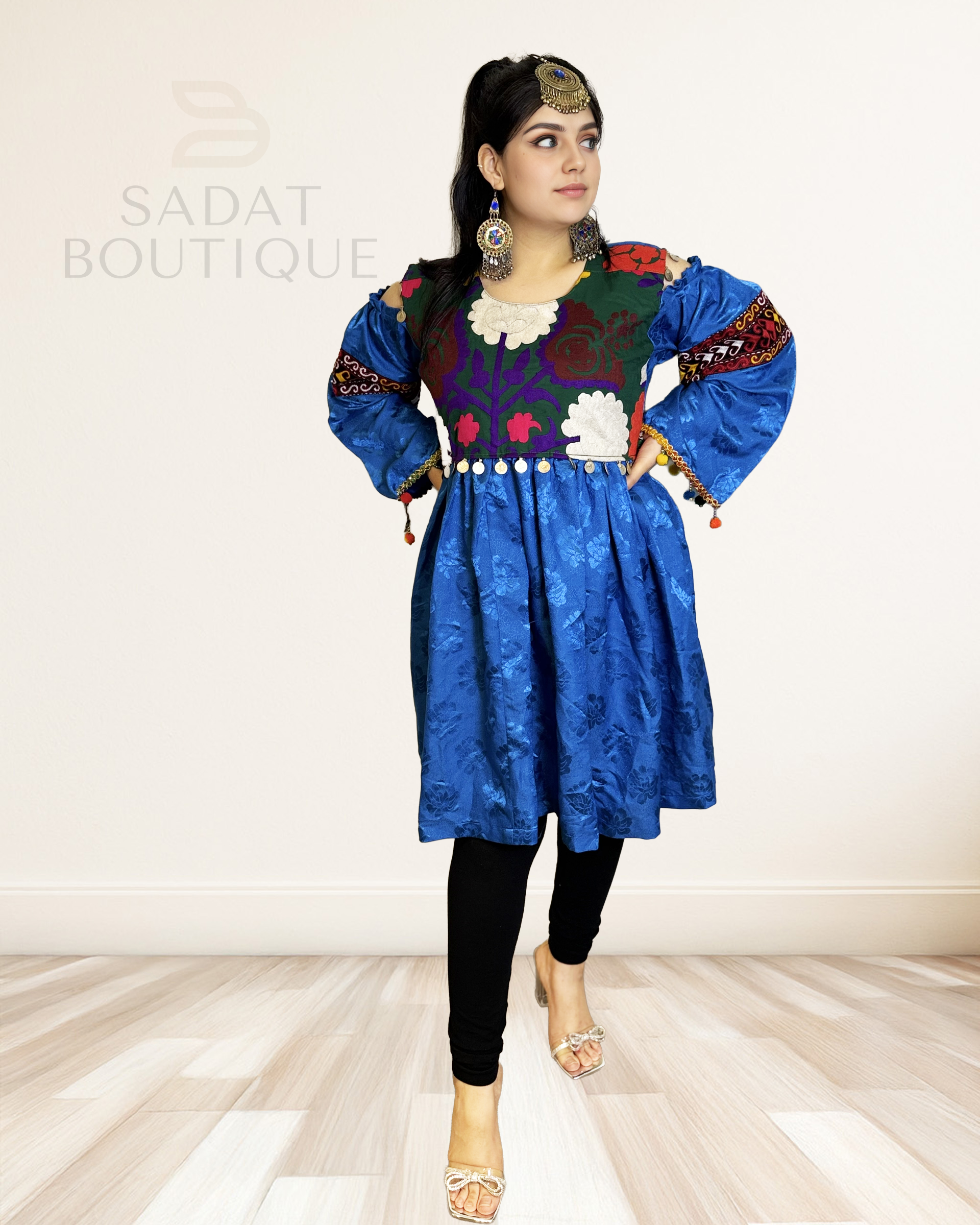 Parwana Blue Brocade Afghan Dress Sadat Boutique
