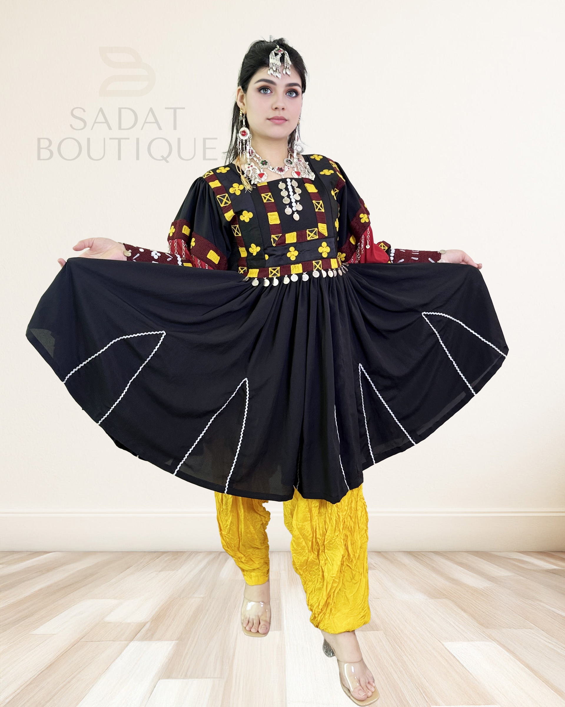 Title: Black Afghan Dress with Yellow Embroidery & Pants Sadat Boutique
