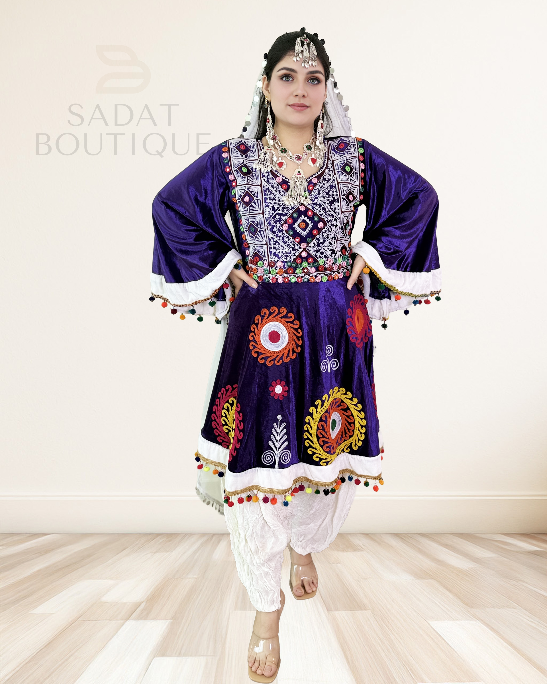 Title: Purple Short Afghan Dress with Embroidery & Coin Scar Sadat Boutique