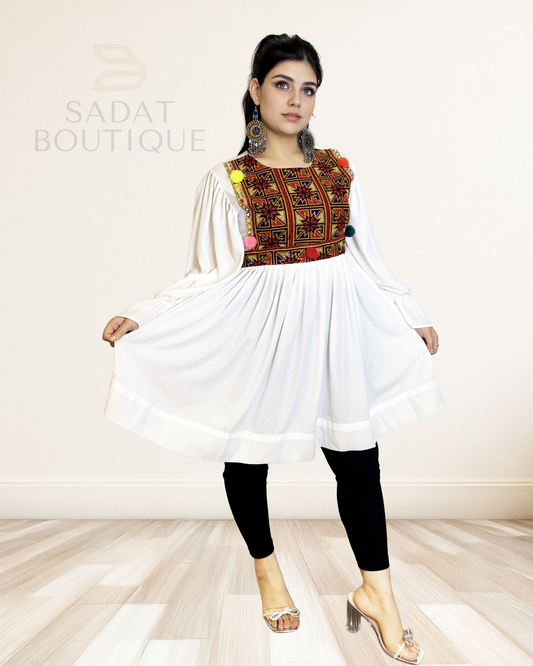 Ayla White Afghan Dress – Whimsical Elegance with Bold Traditional Embroidery Sadat Boutique