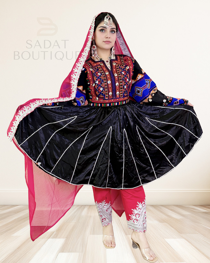 Title: Black Afghan Dress with Royal Embroidery & Pink Scarf Se