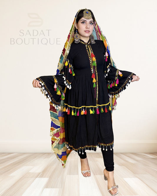 Raqs-e-Noor Afghan Dress – Festival Flair with Traditional Tassels & Pearls Sadat Boutique