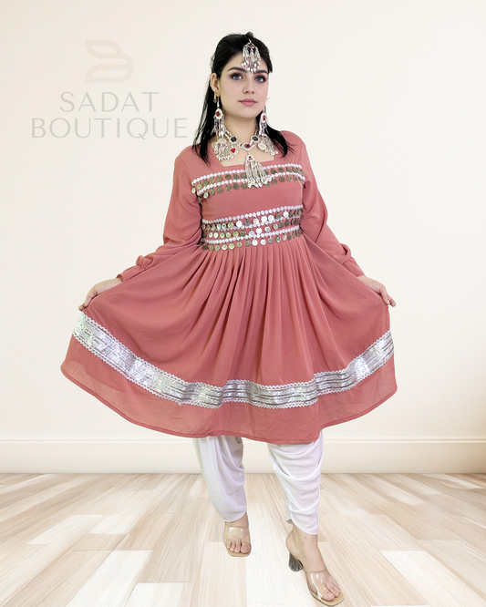 Title: Peach Afghan Dress with Silver Coins & White Pants Sadat Boutique