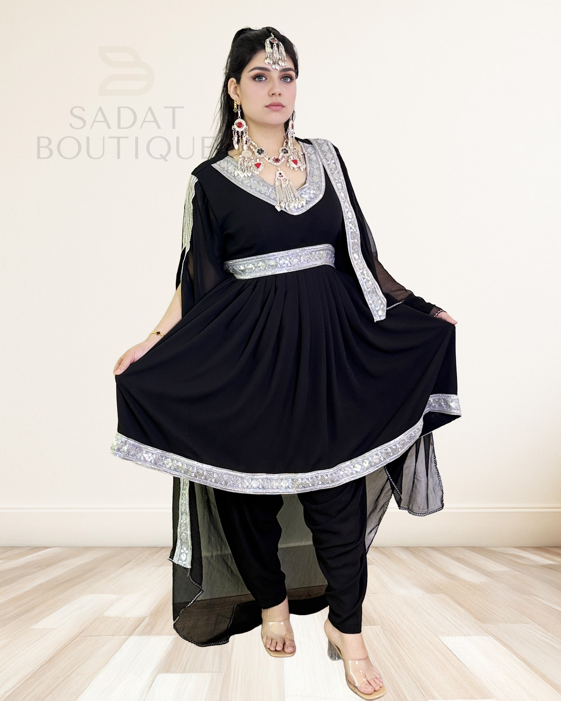 Title: Classic Black Afghan Dress with Silver Trim & Scarf