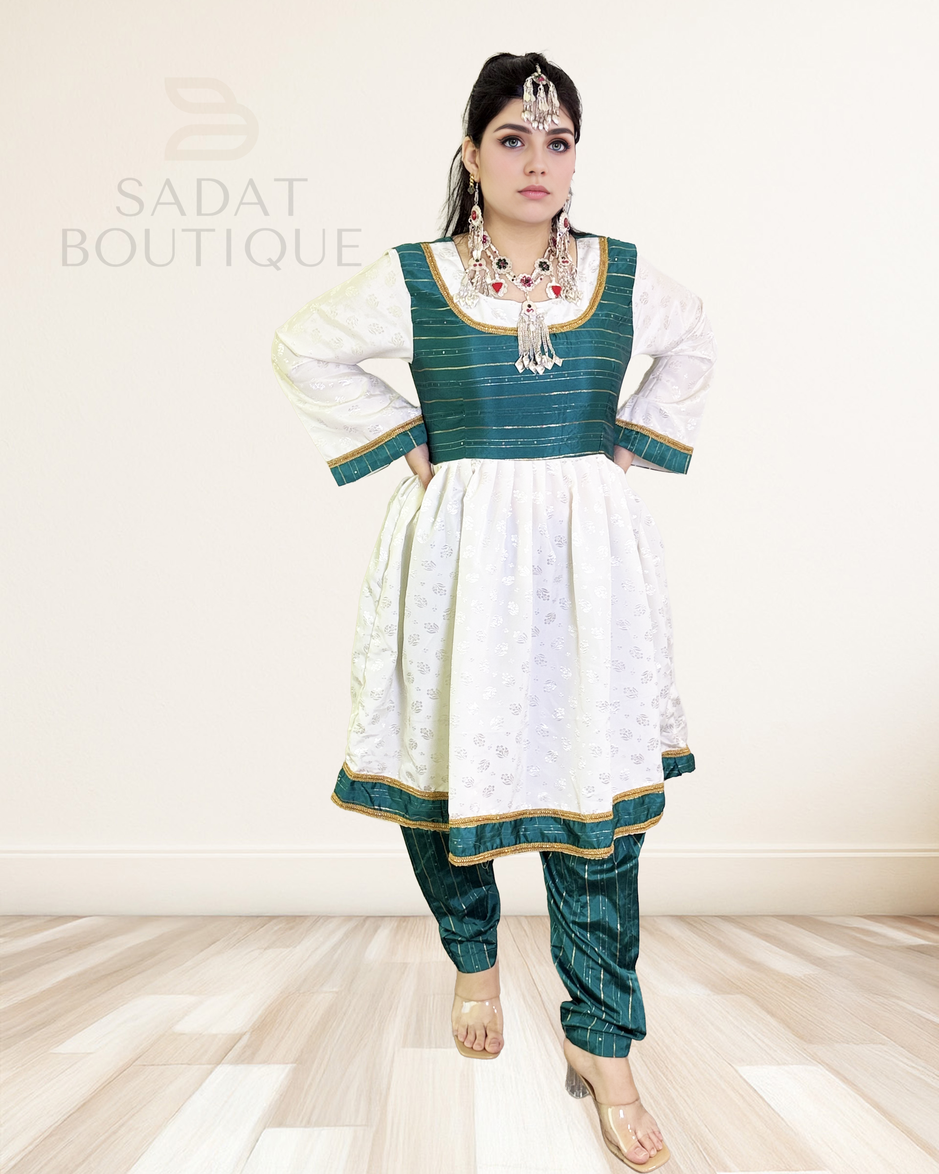 Title: White & Emerald Green Afghan Dress with Gold Accent Title: White & Emerald Green Afghan Dress with Gold Accent