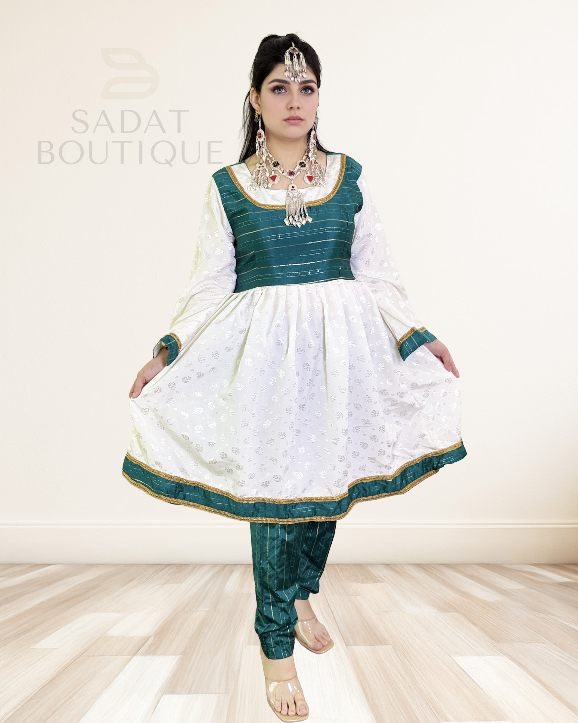 Title: White & Emerald Green Afghan Dress with Gold Accent – Sadat Boutique
