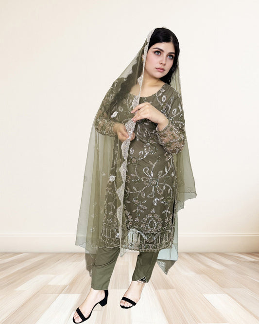 Olive Green Embroidered Net Suit Sadat Boutique