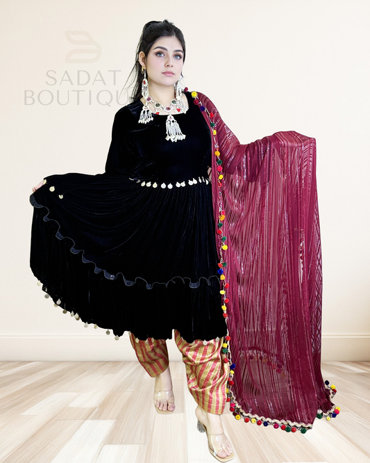 Title: Black Velvet Afghan Dress with Striped Pants & Maroon Scarf Sadat Boutique
