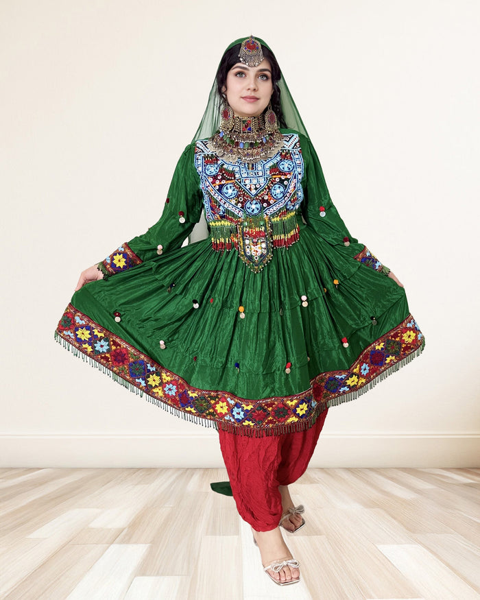 Emerald Green Afghan Dress – Hand Embroidery with Pom-Pom Accents