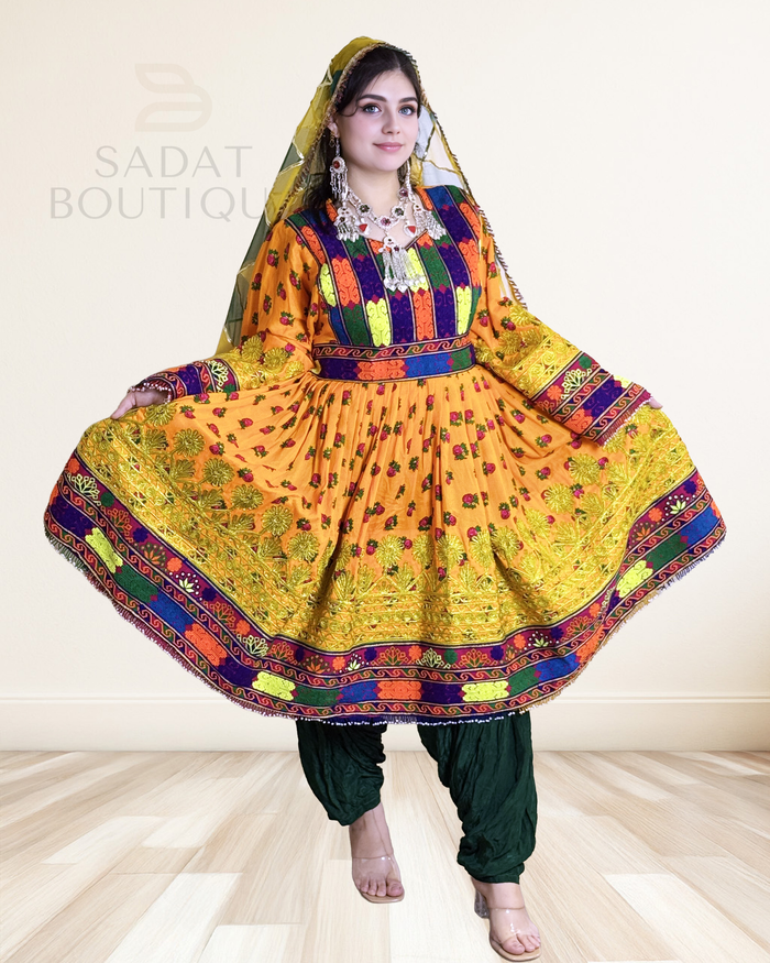 Title: Yellow Embroidered Afghan Dress with Mirror Dupatt