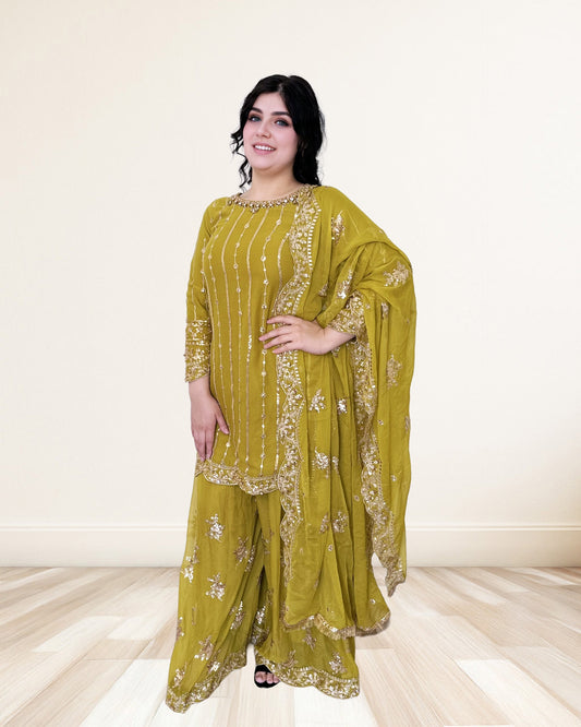 Mustard Yellow Punjabi Sharara Suit  With Mirror Work & Royal Elegance Sadat Boutique
