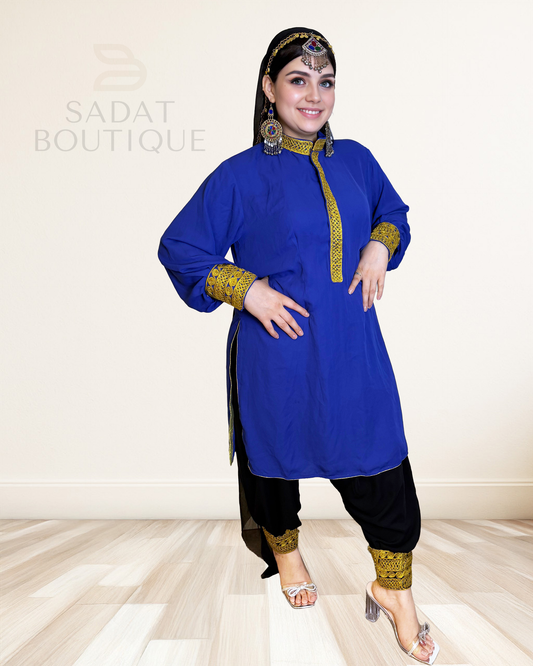 Royal Blue Kandahari Suit – Traditional Afghan Set with Golden Embroidery Sadat Boutique