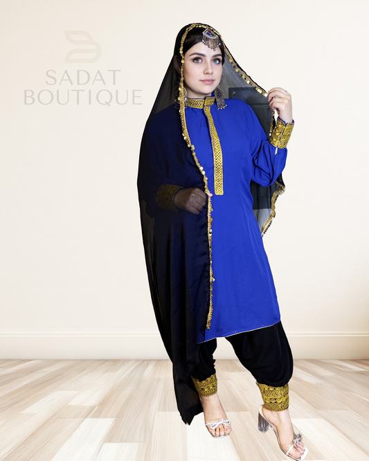 Royal Blue Kandahari Suit – Traditional Afghan Set with Golden Embroidery Sadat Boutique
