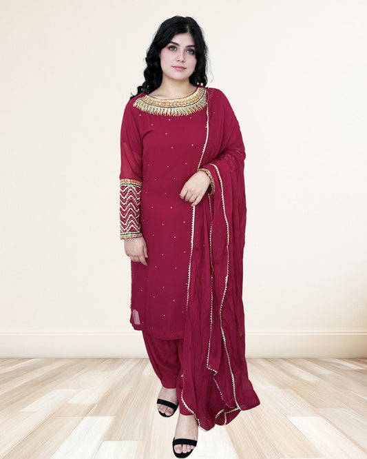 Raspberry Red Embroidered Straight Suit Sadat Boutique