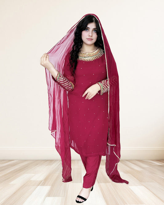 Raspberry Red Embroidered Straight Suit Sadat Boutique