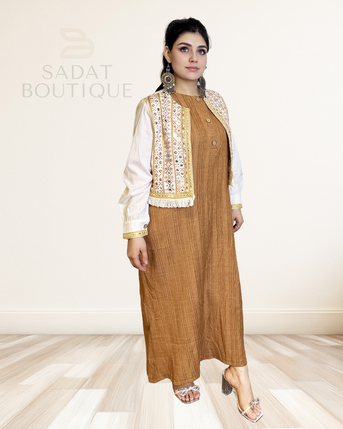 Modern Afghan Vest Set – Neutral Toned Cultural Dress with Embroidered Waistcoat