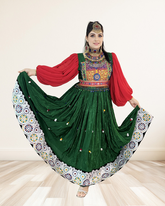Afghan Dress Vibrant Elegance with Circular Embroidered Hem Sadat Boutique