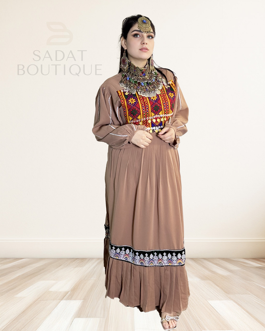 Afghan Dress with Embroidered Bodice & Pleated Hem Sadat Boutique
