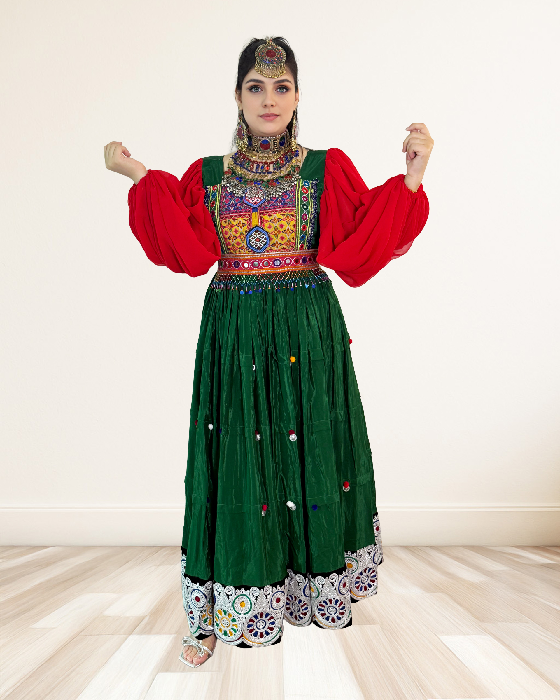 Afghan Dress Vibrant Elegance with Circular Embroidered Hem Sadat Boutique
