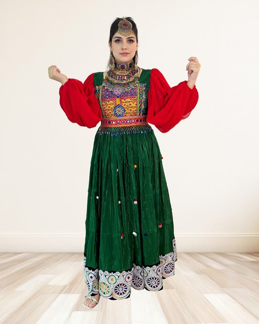 Afghan Dress Vibrant Elegance with Circular Embroidered Hem Sadat Boutique