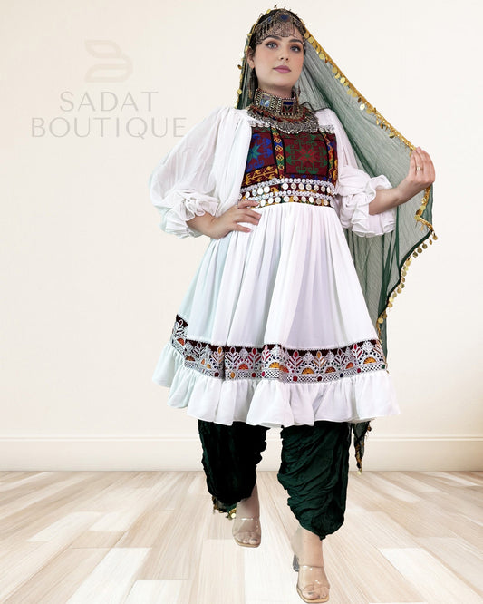 White Kuchi Embroidered Flared Kurti with Patiala Salwar & Mirror-Coin Dupatta – 3-Piece Sadat Boutique