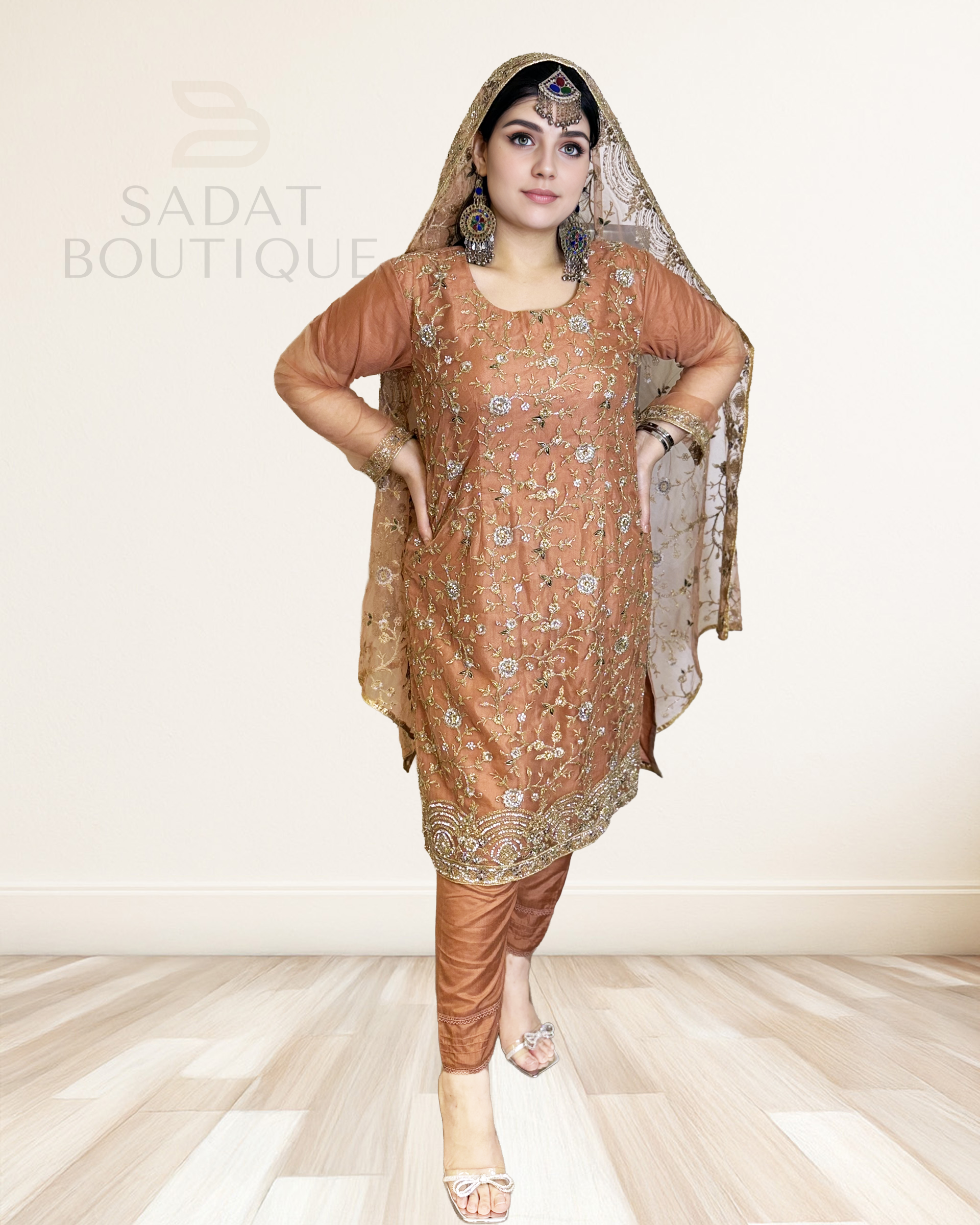 Embellished Copper Net Dress Sadat Boutique