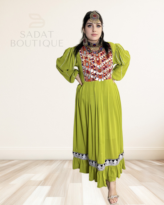 Vibrant Lime Green Afghan Maxi Dress Sadat Boutique