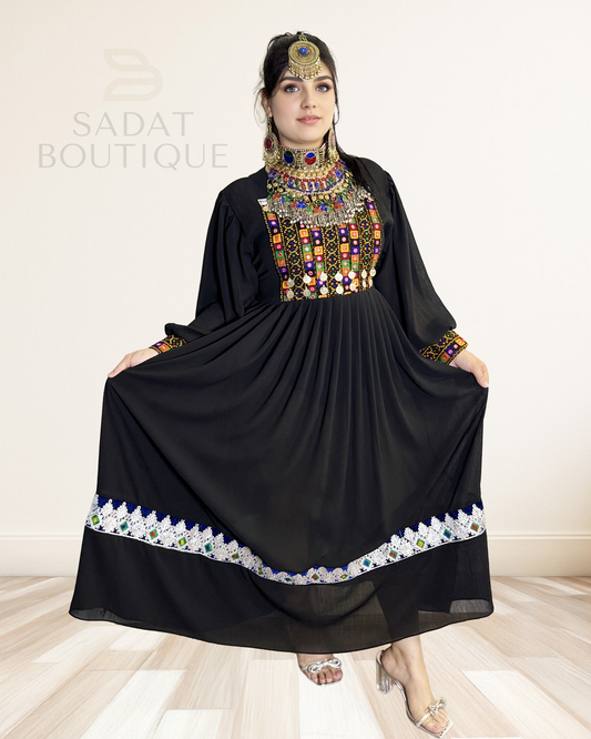 Elegant Black Afghan Maxi Dress Sadat Boutique