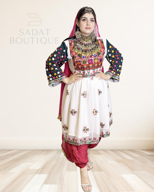 White Afghan Traditional Dress Sadat Boutique