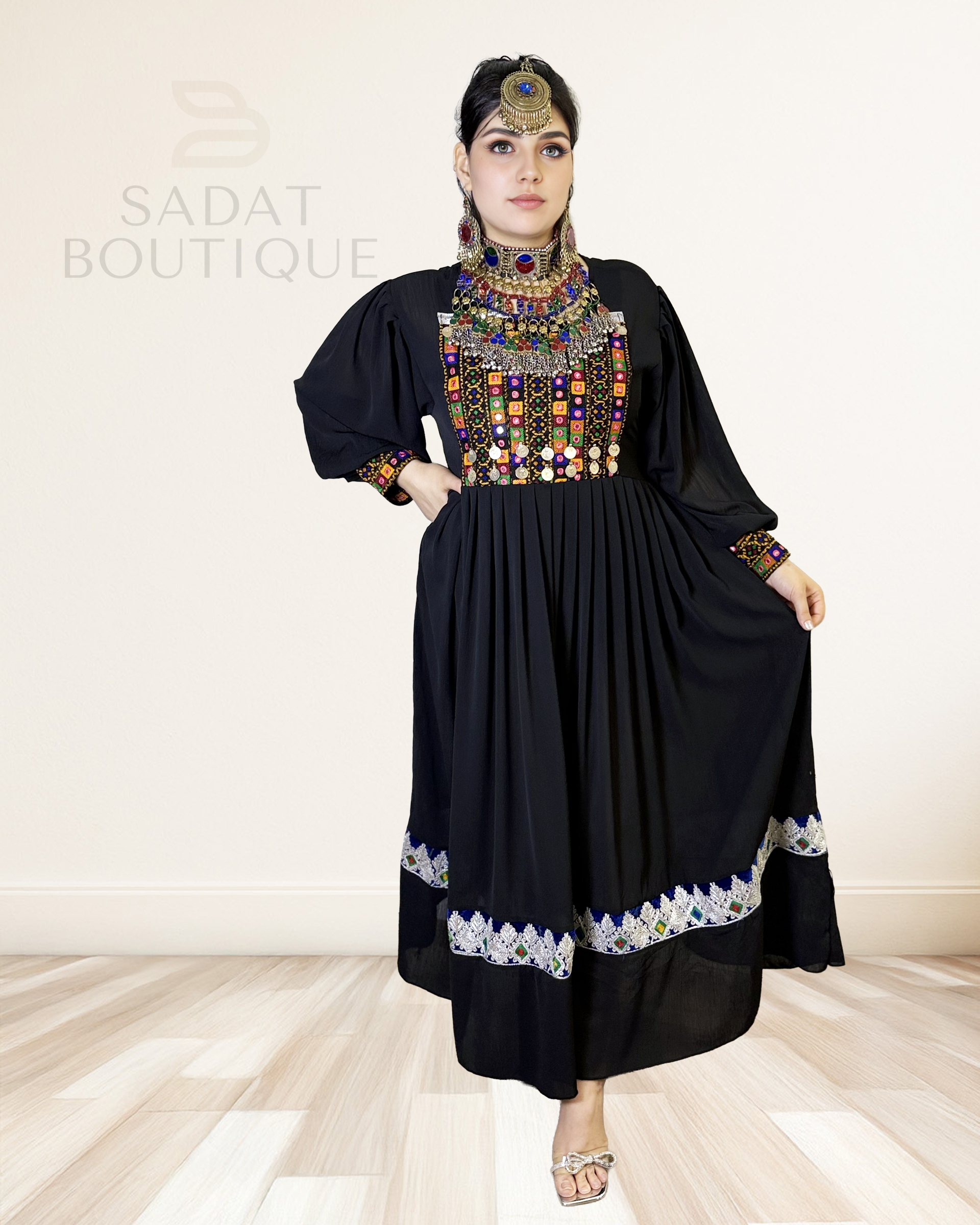 Elegant Black Afghan Maxi Dress Sadat Boutique
