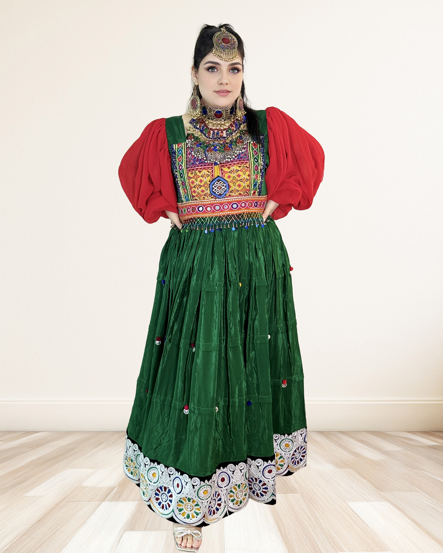 Afghan Dress Vibrant Elegance with Circular Embroidered Hem Sadat Boutique