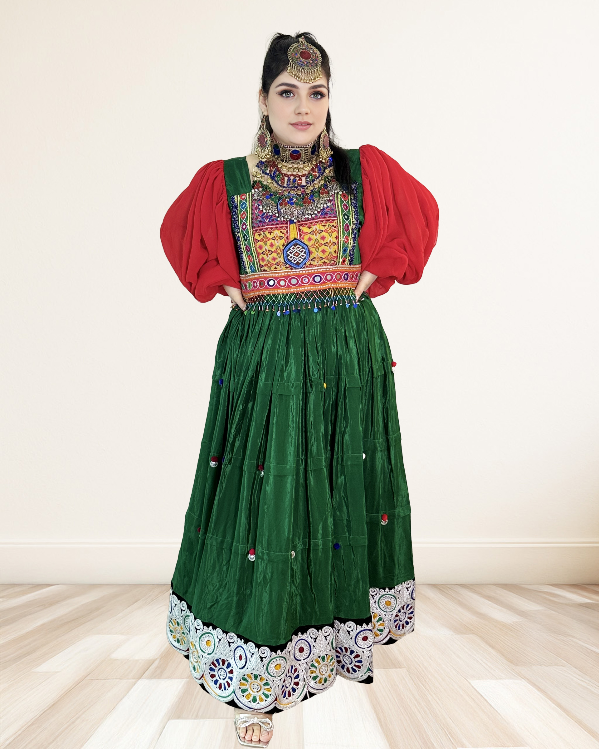 Afghan Dress Vibrant Elegance with Circular Embroidered Hem Sadat Boutique
