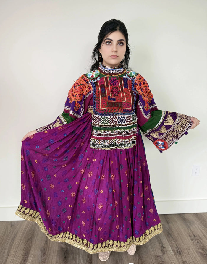 Traditional Purple Afghan Party Dress with Heavy Embroidery