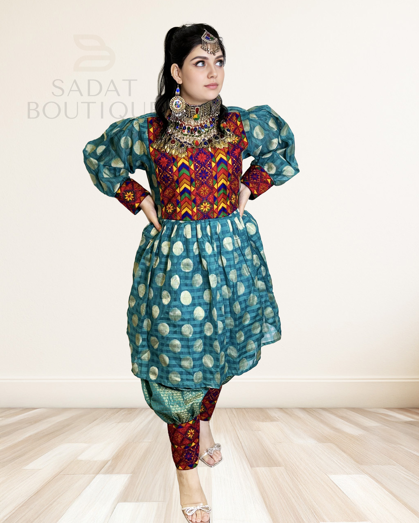 Teal Afghan Traditional Modern Dress Sadat Boutique